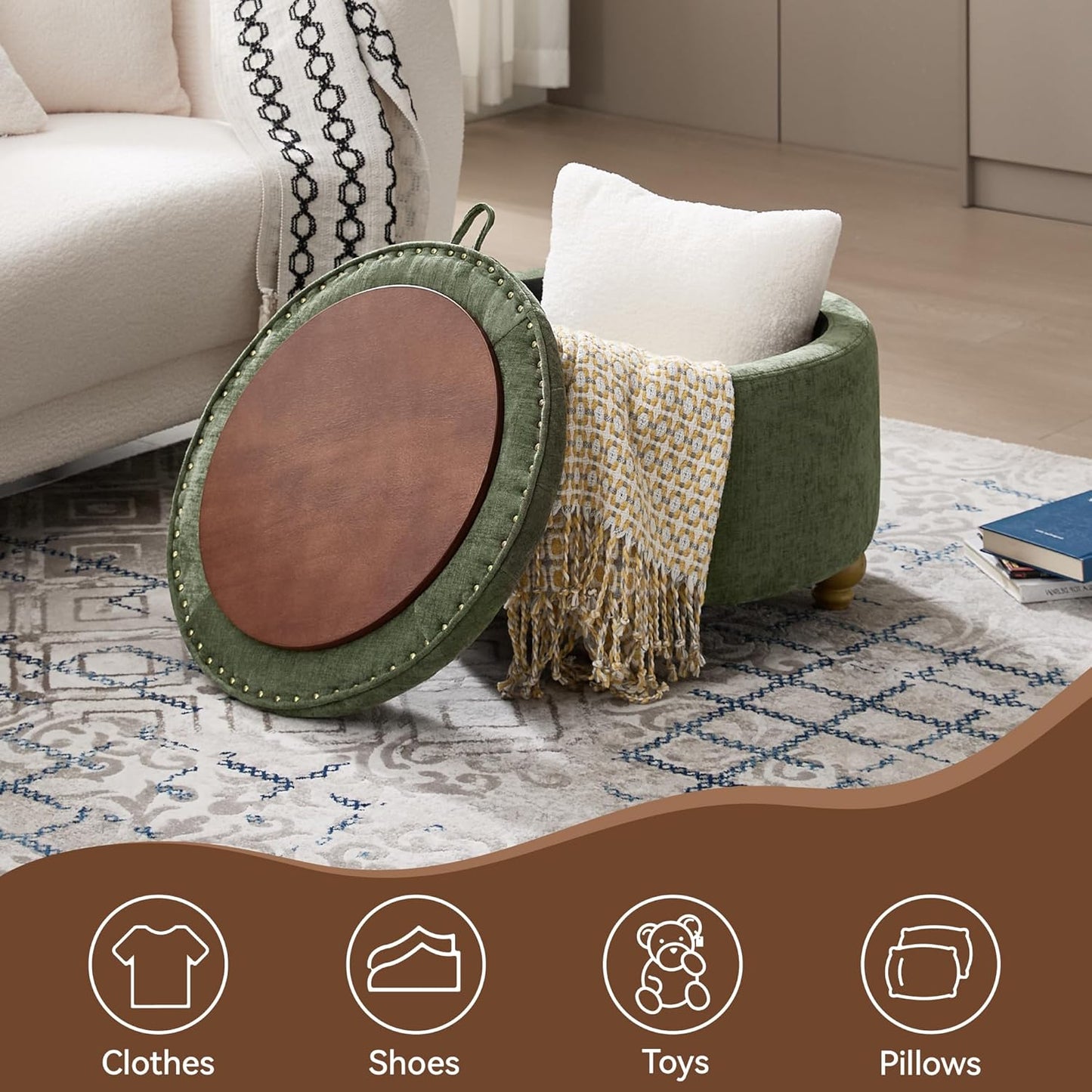 24Inch Round Storage Ottoman with Tray, Modern Tufted Circle Coffee Table with Storage, Upholstered Ottoman with Removable Top for Living Room, Bedroom, Chenille Green