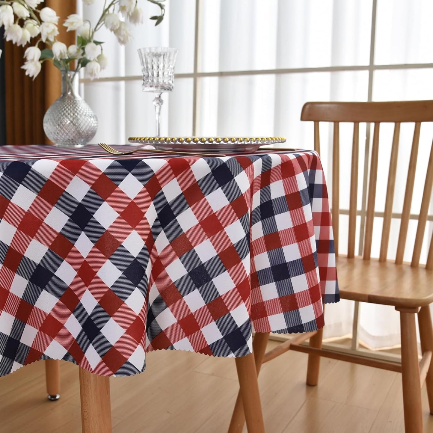 Waterproof Plaid Tablecloth Fabric - Round 108 Inch Classic Gingham Checker Table Cloth for Indoor/Outdoor Use - Buffalo Table Cover for Picnics, BBQs, and Parties