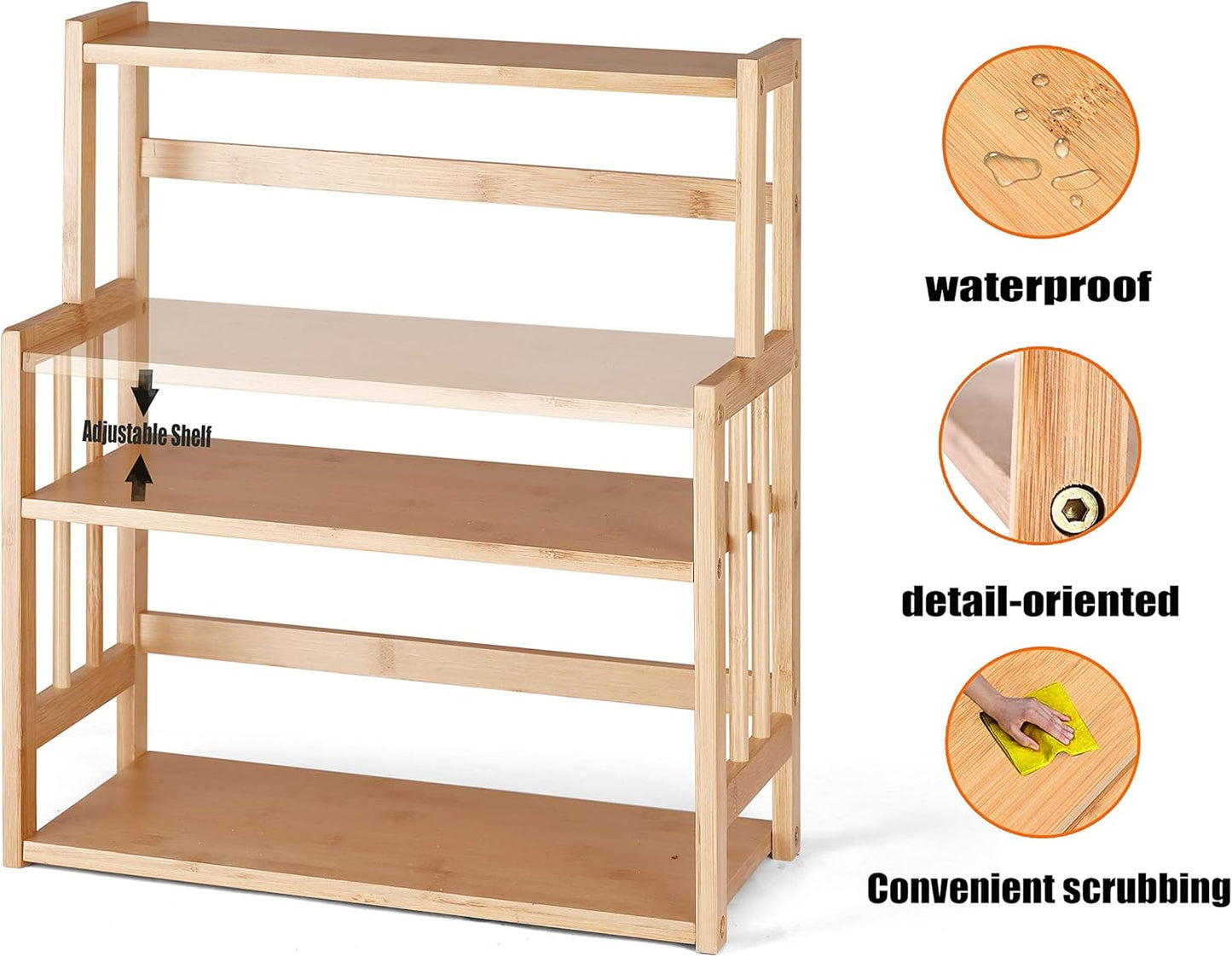 Bamboo Spice Rack Kitchen Countertop Organizer Storage Shelves-3 tier Standing Pantry Shelf with Adjustable Shelf