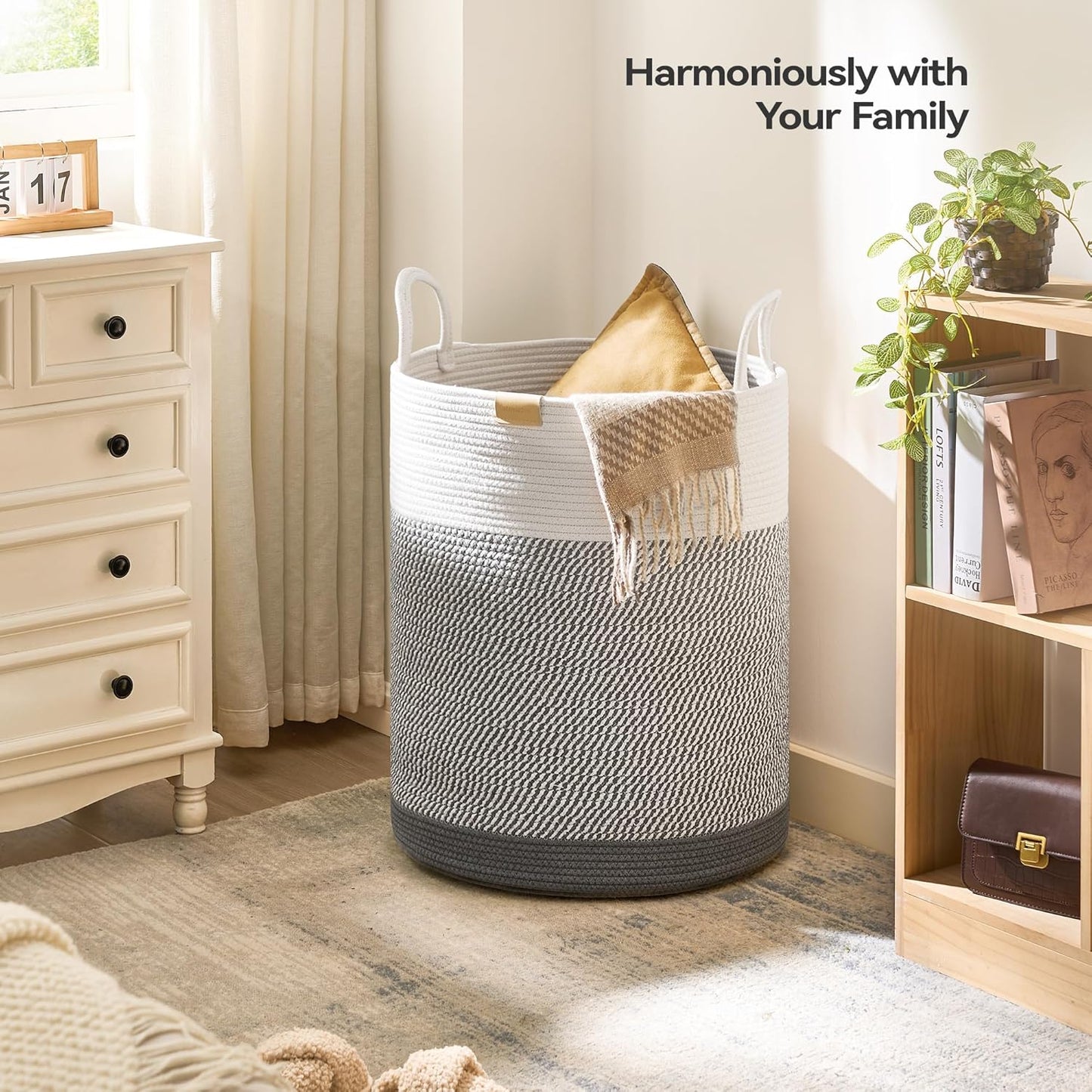Laundry Hamper 95L,Large Laundry Basket for Clothes,Decorative Storage Basket for Blankets,Cotton Rope Woven basket for bedroom,Grey White