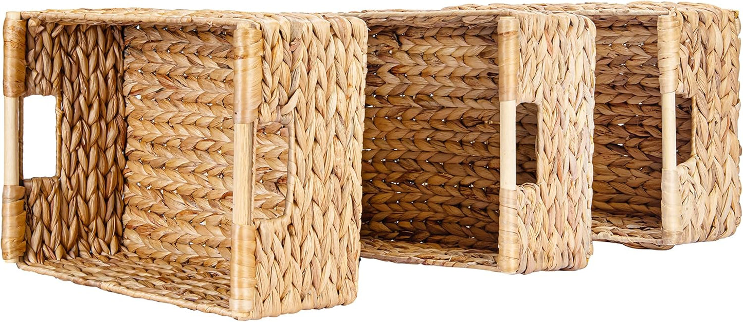 Large Wicker Basket Rectangular with Wooden Handles for Shelves, Water Hyacinth Basket Storage, Natural Baskets for Organizing, Wicker Baskets for Storage 14.5 x 10.3 x 7.5 inches - 3 Pack