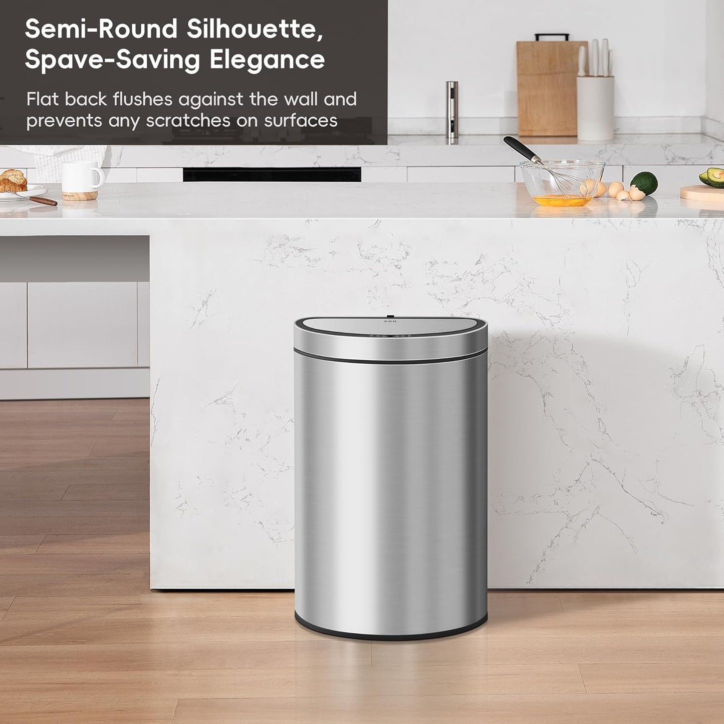 EKO Mirage Semi-Round Motion Sensor Trash Can, 47 Liter / 12.4 Gallon Automatic Large Kitchen Trash Can with Deodorizer Compartment, Removable Lid and Bucket, Matte Stainless Steel