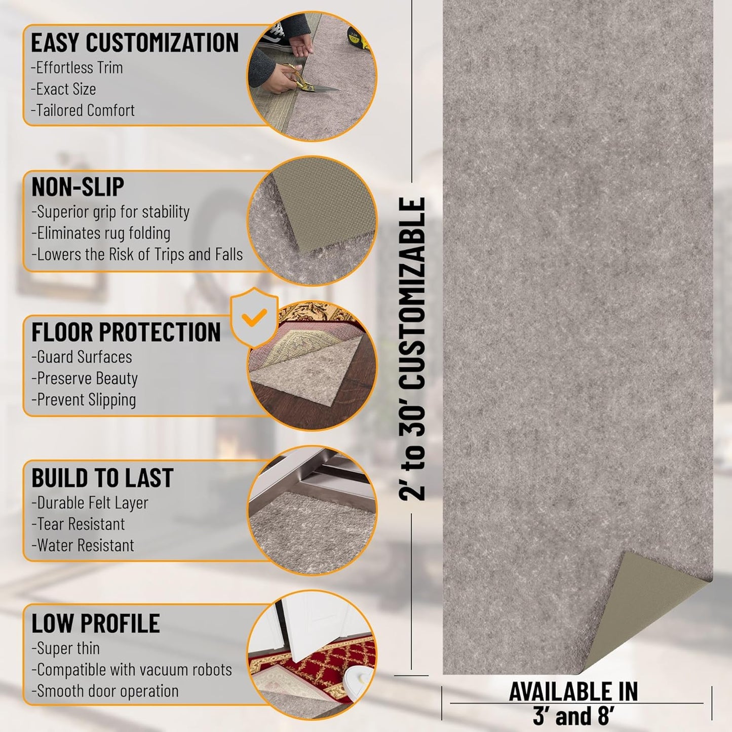 Ottomanson 2' x 8' Non-Slip Rug Pad Gripper 1/4 Inch Thick Dual Surface Felt + Rubber Gripper - Safe for All Floors, Brown