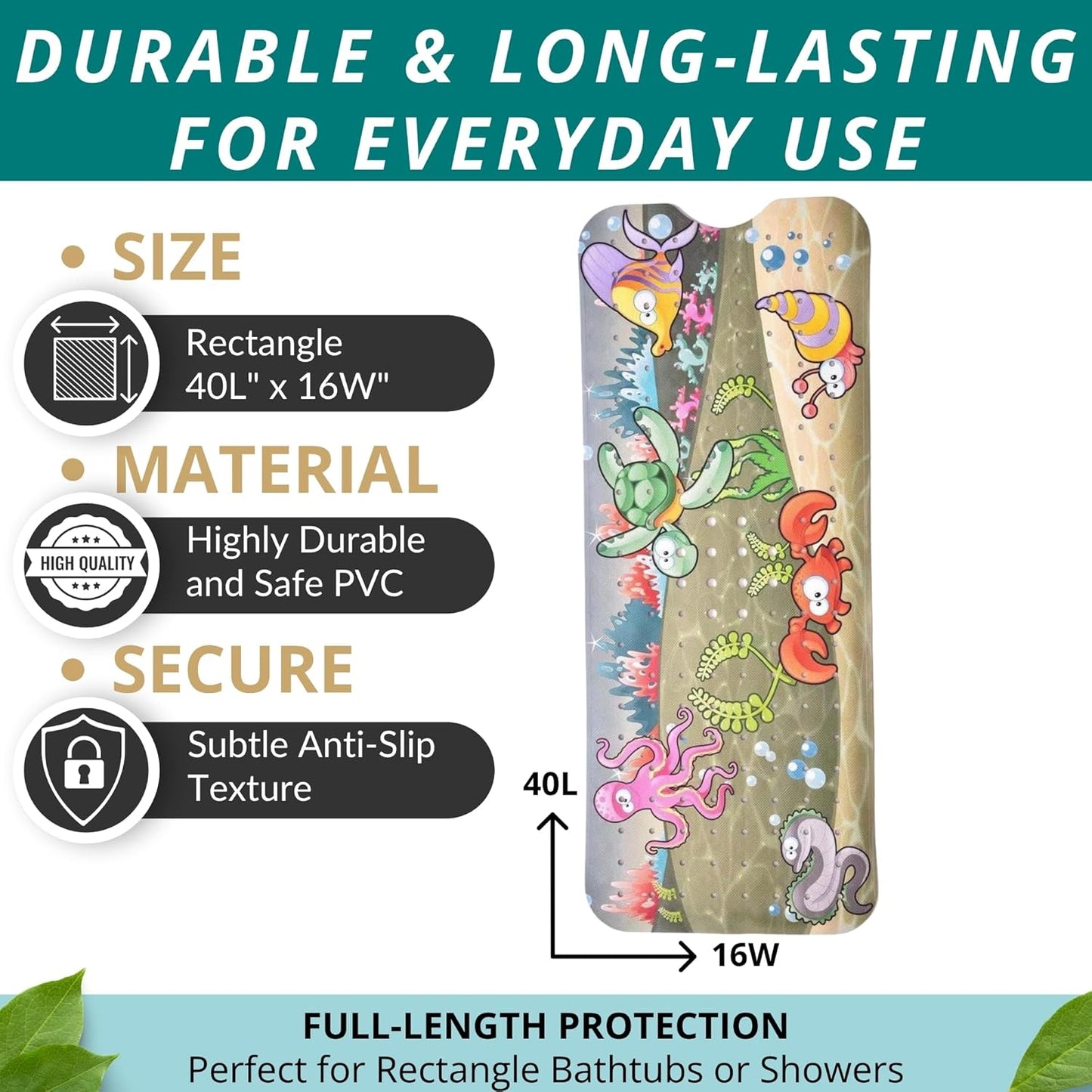 ENKOSI Bath Mat - Large Non Slip Bathtub & Shower Mat - Extra Long 40 x 16 Inch Bathroom Mats for Tub Nonslip Anti Slip Bathmats (Ocean Friends), 1 Pack