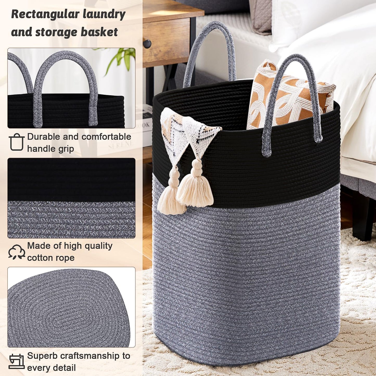 Laundry Basket,Woven Cotton Rope Laundry Hamper,Versatile Storage for Dirty Clothes,Baby Toys,and Blankets in Bathroom, Nursery,and Living Room (Black, 80L)