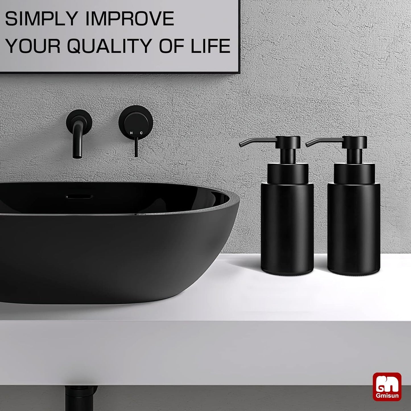 GMISUN Foaming Soap Dispenser, 10 Fl oz/300 ml Matte Black Glass Foaming Hand Soap Dispenser, 2Pcs Hand Soap Dispensers for Bathroom & Kitchen, Refillable Foam Soap Pump Bottle with Waterproof Labels