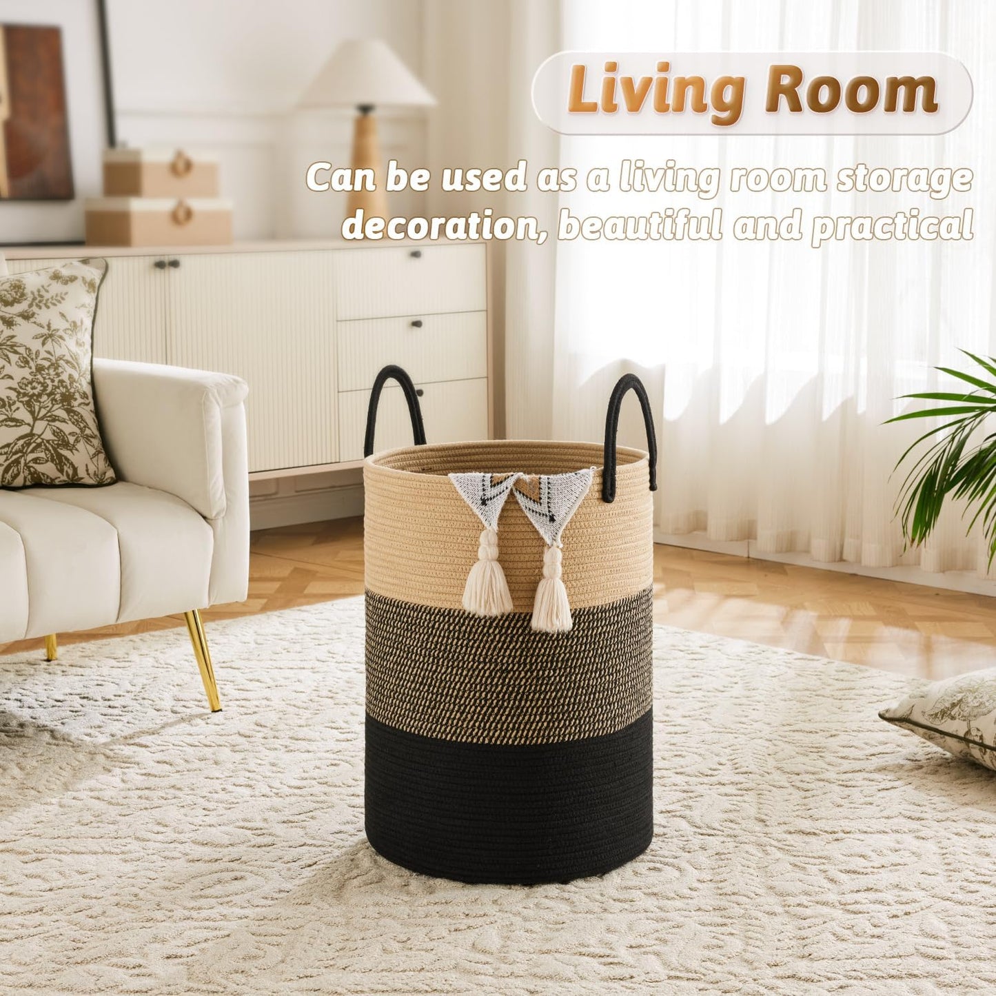 Laundry Basket,Woven Cotton Rope Laundry Hamper,60L for Decorative Storage of Dirty Clothes,Toys and Blankets in Bathroom,Bedroom and Living Room