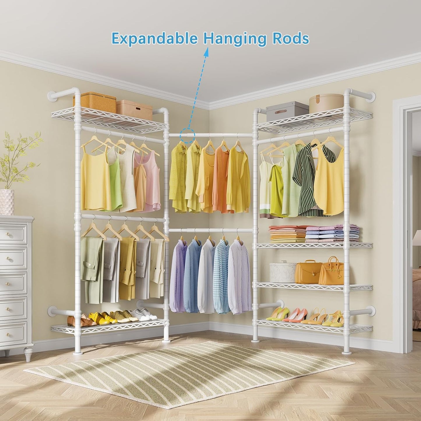 Timate F3 Garment Rack Heavy Duty Clothes Rack for Hanging Clothes, Expandable Industrial Pipe Wall Mounted Clothing Rack, Adjustable Storage Closet Wardrobe Closet Kit Walk in Closet Systems, White