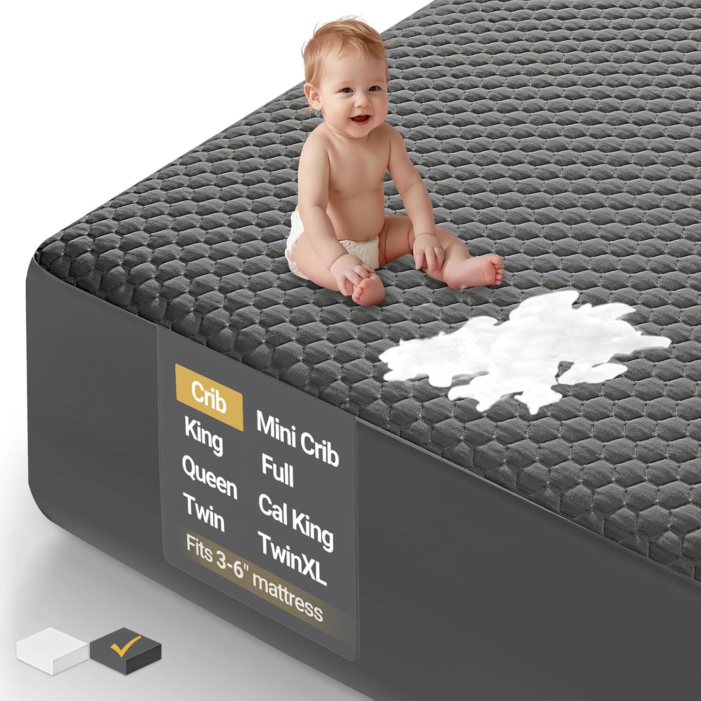 OhGeni 100% Waterproof Mattress Protector, Crib-Gray Size Mattress Pad, Fits 3"-6" Mattresses with Deep Pocket, Cooling, Breathable Fitted Sheets, Soft Bed Cover, Noiseless, Machine Washable