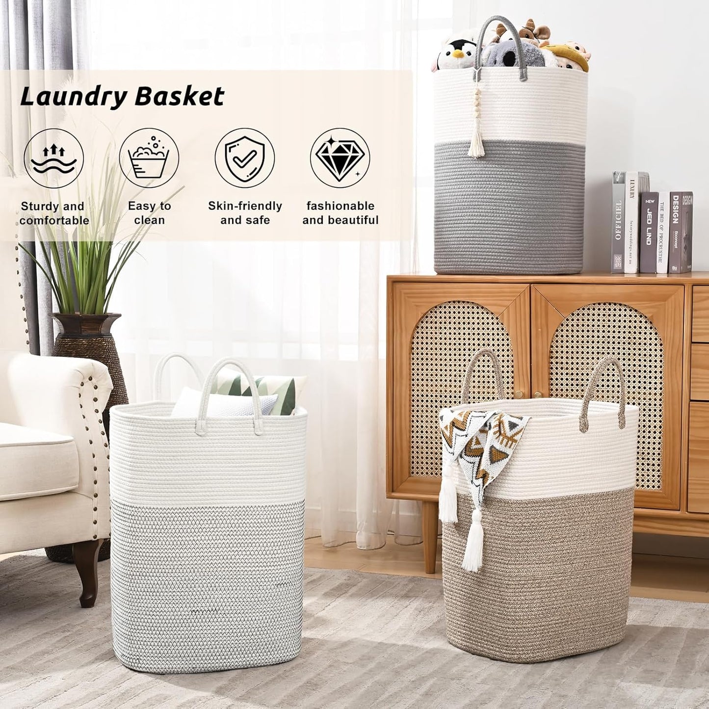 Woven Laundry Basket for Clothes, 65L Large Rectangle Laundry Hampers with Beads Tassel, Nursery Storage Basket for Toys, Tall Dirty Clothes Hamper for Bedroom Aesthetic, Laundry Room Organization