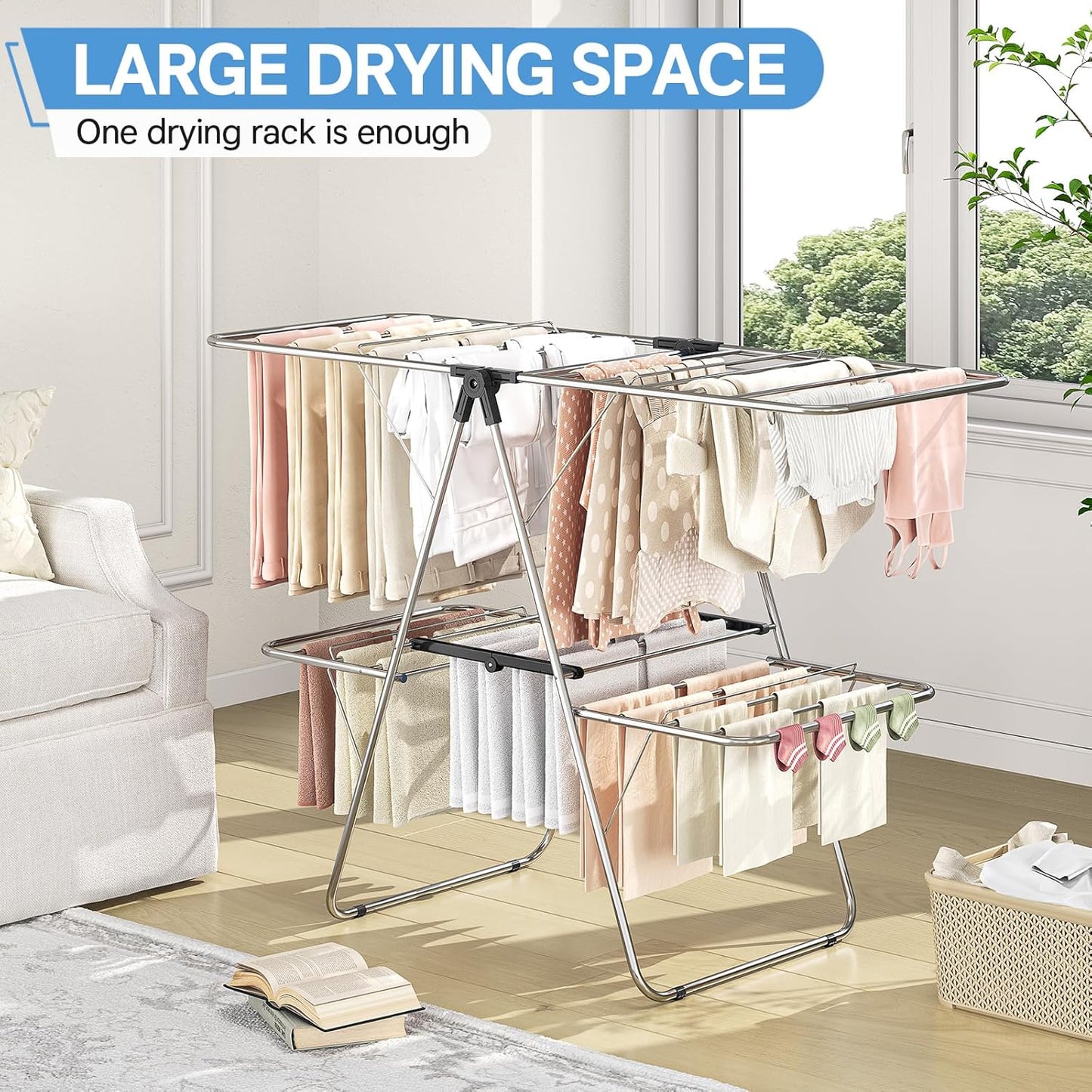 APEXCHASER Clothes Drying Rack with 4 Wings, Stainless Steel Drying Rack Clothing with Height-Adjustable, Foldable Gullwings Laundry Drying Rack, Indoor Outdoor Use, No Assembly, Black