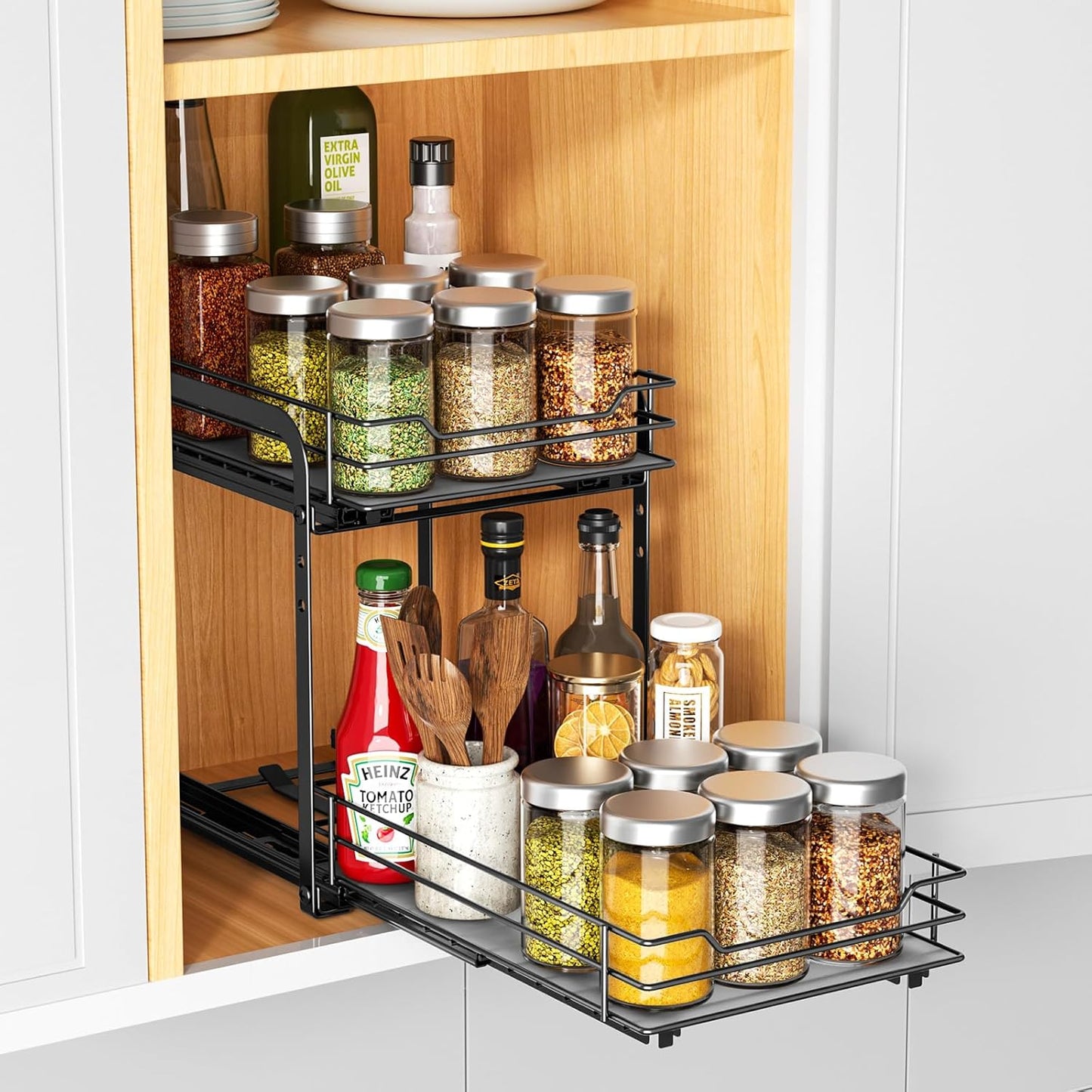 RCHYFEED Spice Rack, 2 Tier Pull out Cabinet Spice Organizer, Height Adjustable Slides out Ultra-smooth Racks for Spice Organization, Seasoning Organizer for Inside Cabinets(7.5" Wx10.5 Dx9.5 H)