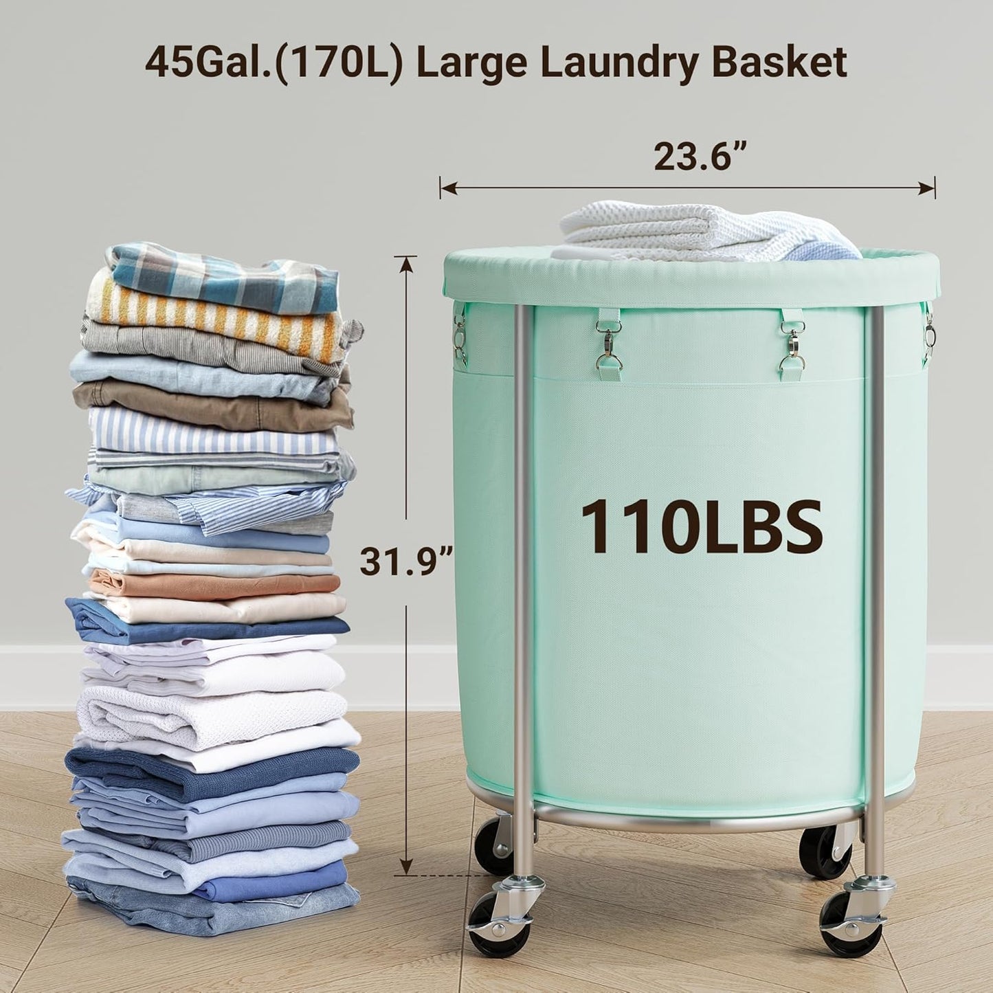 ELYKEN Laundry Basket with Wheels, 170L Rolling Laundry Hamper with Removable Bag and Steel Frame, Round Laundry Cart with 4 Casters and 2 Brakes, Ideal for Bedroom, Bathroom, Laundry Room, Mint Green