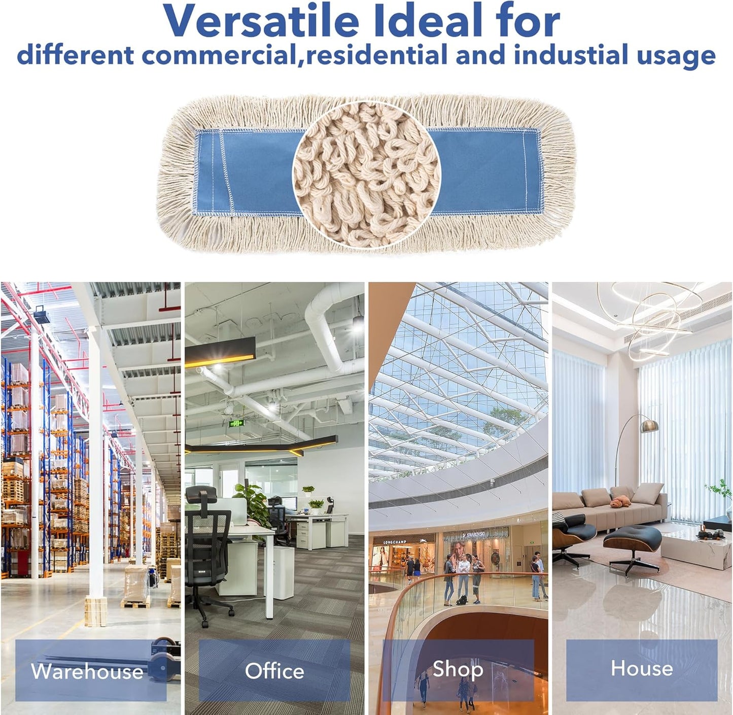 Matthew Cleaning 24'' Industrial Strength Cotton Dust Mop Refill Washable Replacement Heads for Residential & Commercial Use Fit Standard Dust Mop Frames, Hardwood,Concrete Floors Blue&White 3 Pack