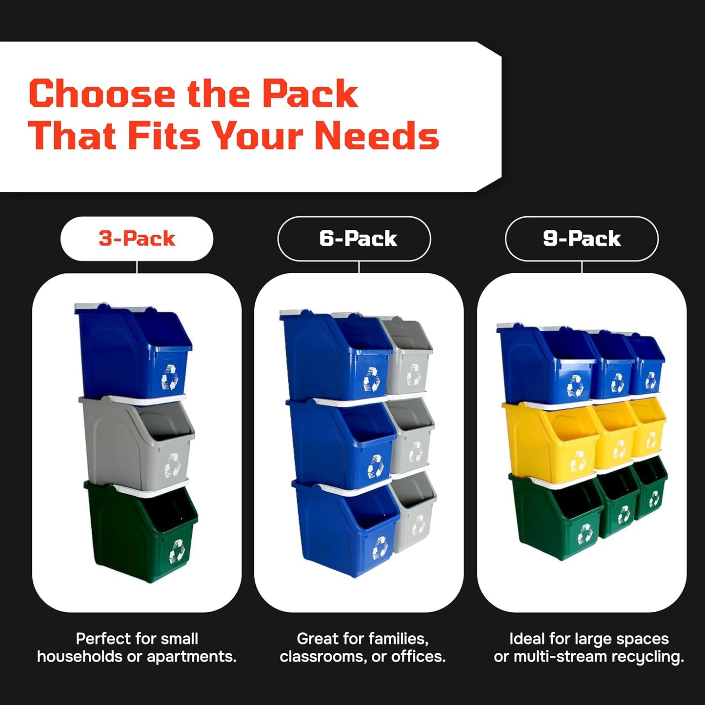 6 Gallon Stackable Recycling Bins for Homes, Garages, Offices Made of 100% Recycled Plastic - (Red, 3 Pack)