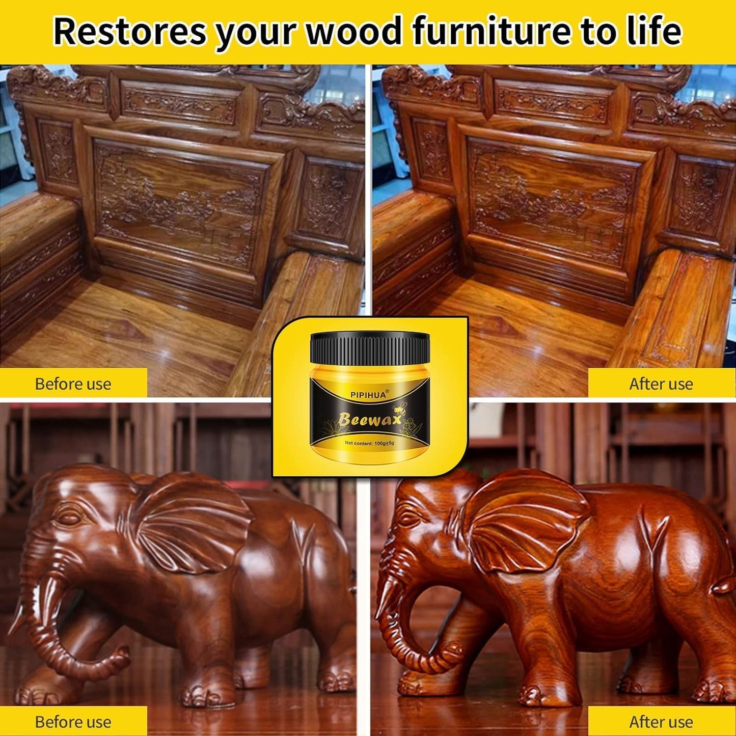 PIPIHUA Beeswax Polish and Conditioner for Wood Furniture - Waterproof & Restorer Wood Wax, Multipurpose Beeswax Furniture Polish and Cleaner for All Types and Colours(2×100g with 4 Sponges)