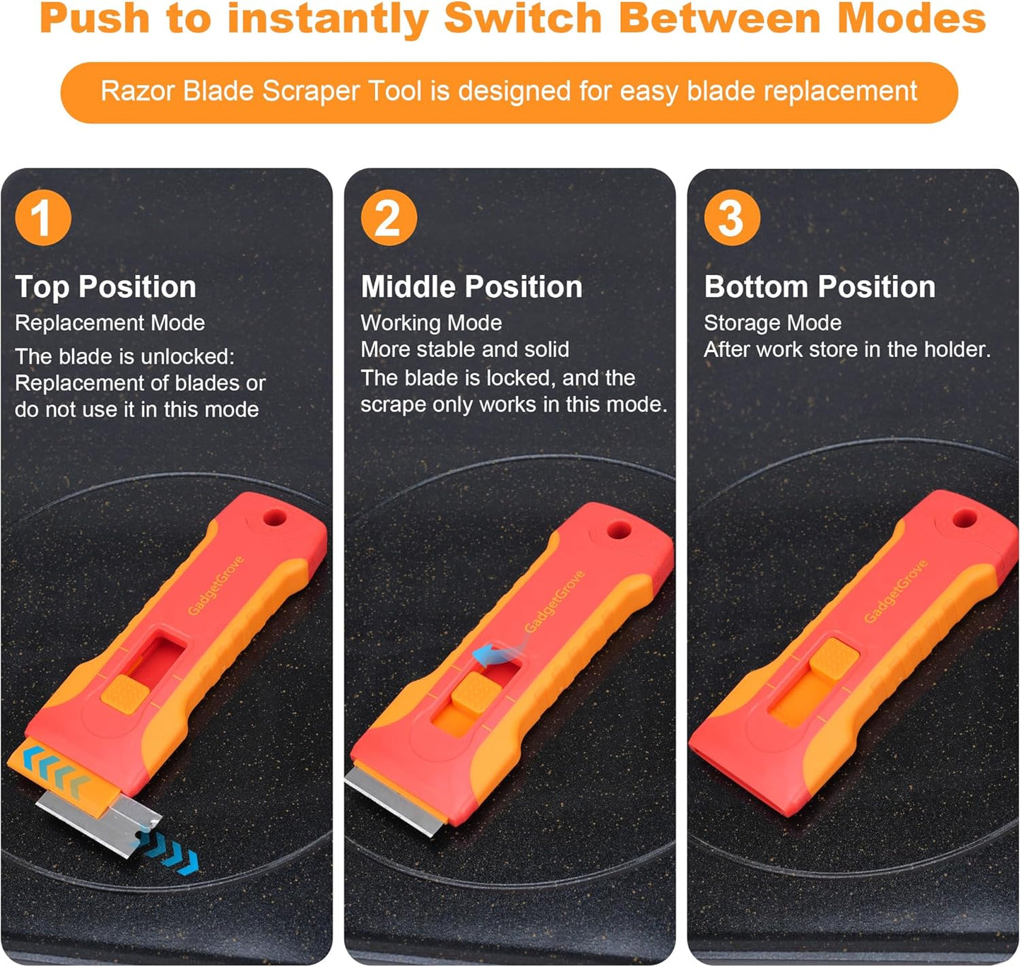 Upgraded Razor Blade Scraper with 10pcs Blades and 3Pcs small wire brushes,Scraper Tool for Cleaning Glass Window, Cooktop, Oven, Stove Scraper, Razor Scraper with Buit-In Blade Storage, Orange