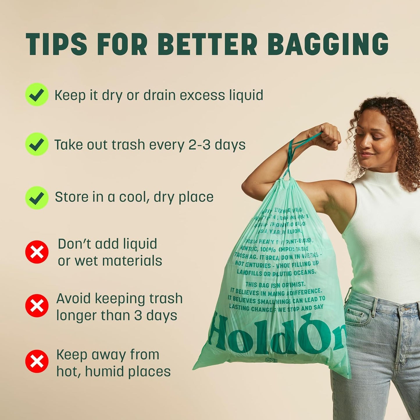 HoldOn 13-Gallon Trash Bags – Plant-based Tall Kitchen Trash Bags with Drawstring Handles for Tall Trash Bins, Heavy-duty and Compostable Large Trash Bags (40 bags)
