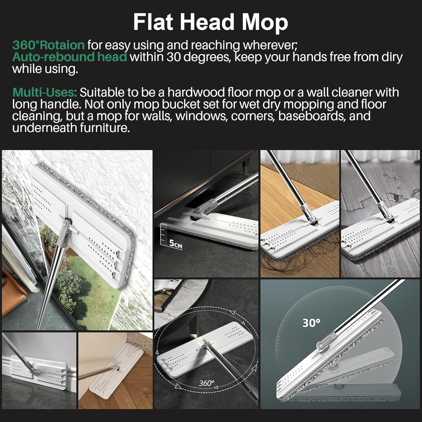 JOYMOOP Mop and Bucket with Wringer Set, White Flat Squeeze Mop Bucket Set for Floor Cleaning, Wet Dry Mop for Walls, Wall Cleaner with Long Handle, Hardwood Floor Mop-5 Microfiber Cloths