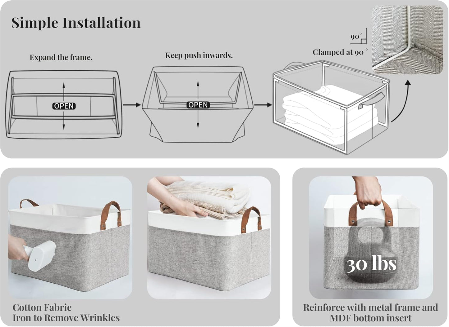 StorageWorks 45L Large Storage Bins for Closet and Shelves, Fabric Organizer Baskets with Metal Frame for Clothes, Towels, Collapsible Storage Basket, Gray and White, 2-Pack