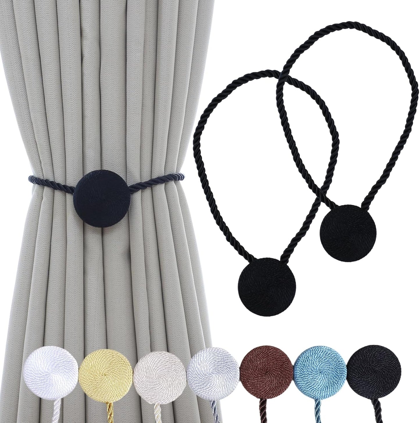 Magnetic Curtain Tiebacks - 12mm Magnetic Tie Backs for Curtains, Heavy Duty No Drill Curtain Holdbacks for Home/Office Windows Drapes, Elegant Gift-Ready Design 7 Colors (2, Black)