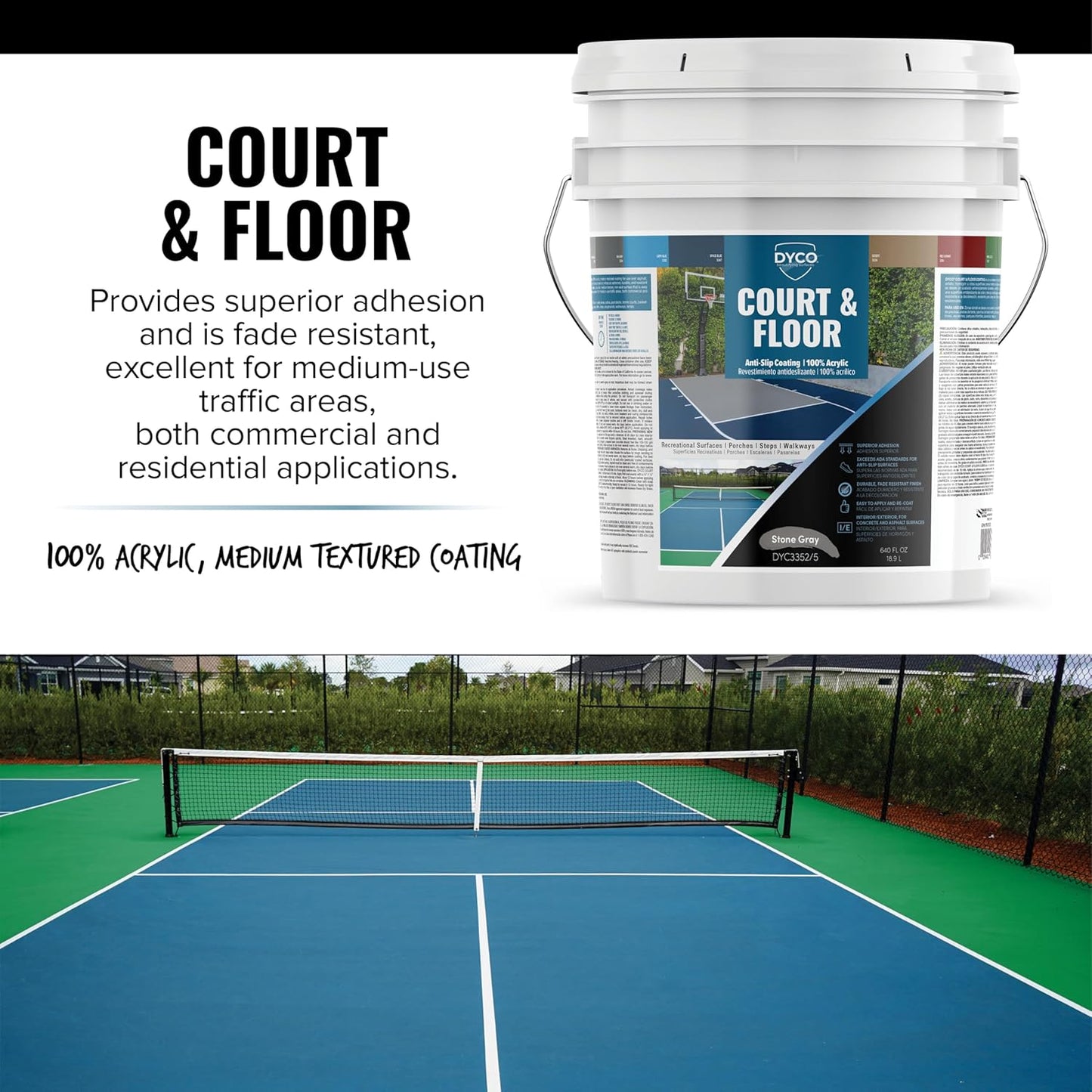 DYCO Court & Floor Anti-Slip Coating - Slip-Resistant Pavement, Cement & Concrete Paint for Pickleball, Tennis & Basketball Courts, Exceeds ADA Standards for Safety Areas (Stone Gray, 5 Gallons)