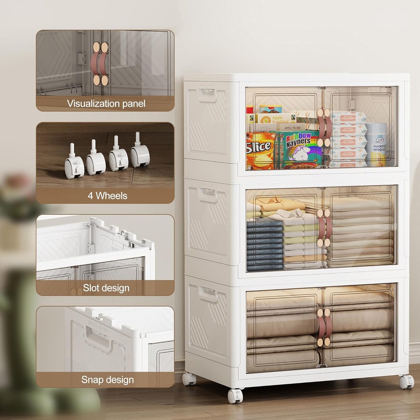 SAILUN 471QT Extra Large Collapsible Storage Bins with Wheels and Lid, Stackable Storage Bins Open Closet Organizers and Storage Storage Containers Drawers,30" L × 19.7" W × 50.4" H（3 Pack）