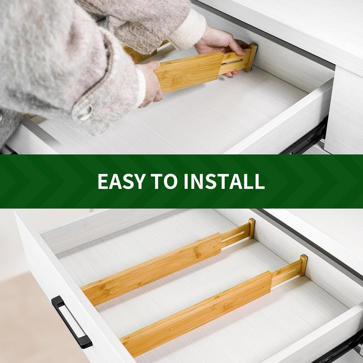 VaeFae Adjustable Bamboo Drawer Dividers, Expandable Drawer Organizer for Kitchen, Bedroom, Bathroom, Dresser and Office, 6-Pack