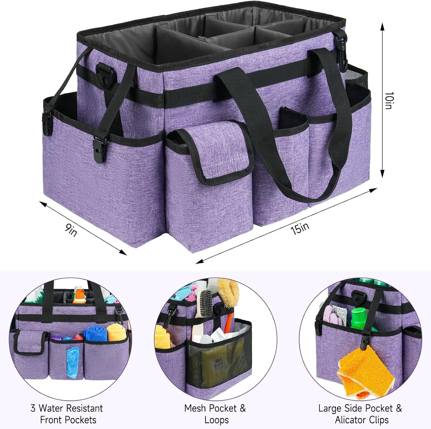 Cleaning Caddy Bag,Large Cleaning Supplies Organizer with Handle for Housekeepers,Purple