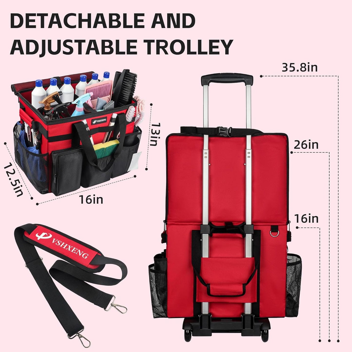 Rolling Cleaning Caddy Bag with Wheels, Large Cleaning Cart Detachable Trolley, Cleaning Bags for Housekeepers With Shoulder Strap & Multi Pockets for Cleaning Tools Storage (Red)