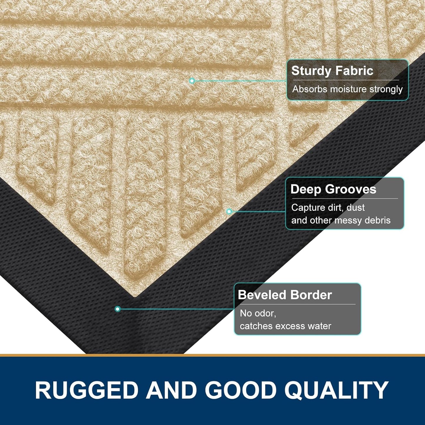 Smiry Front Door Mat Outside Entrance, Heavy Duty Outdoor Indoor Natural Rubber Doormat, Non Slip, Trap Dirt and Moisture, Easy Clean, Low Profile Patio Porch Entryway Mat, 59x35, Beige