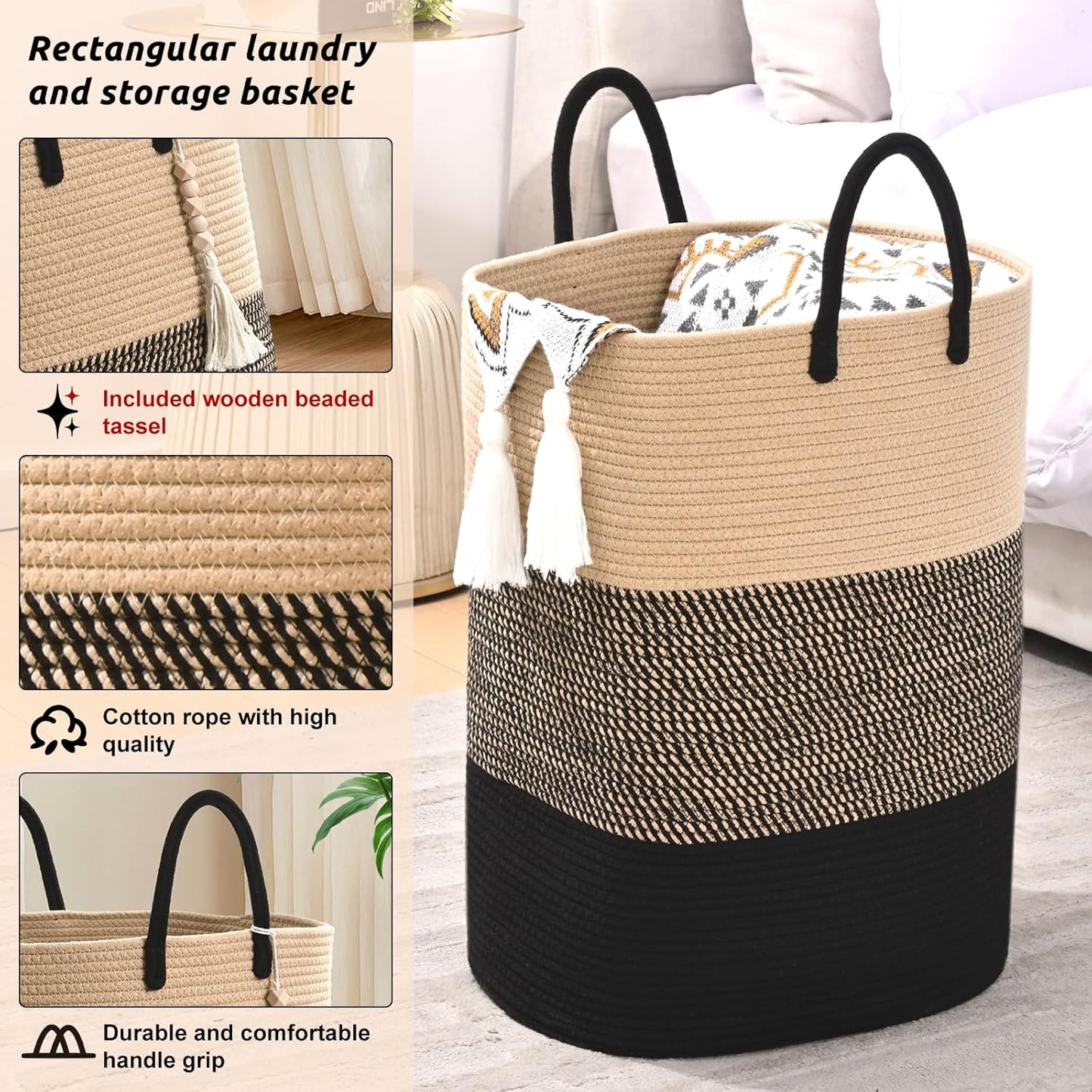 Woven Laundry Basket for Clothes, 80 L Large Rectangle Laundry Hampers with Beads Tassel, Nursery Storage Basket for Toys, Tall Dirty Clothes Hamper for Bedroom Aesthetic, Laundry Room Organization