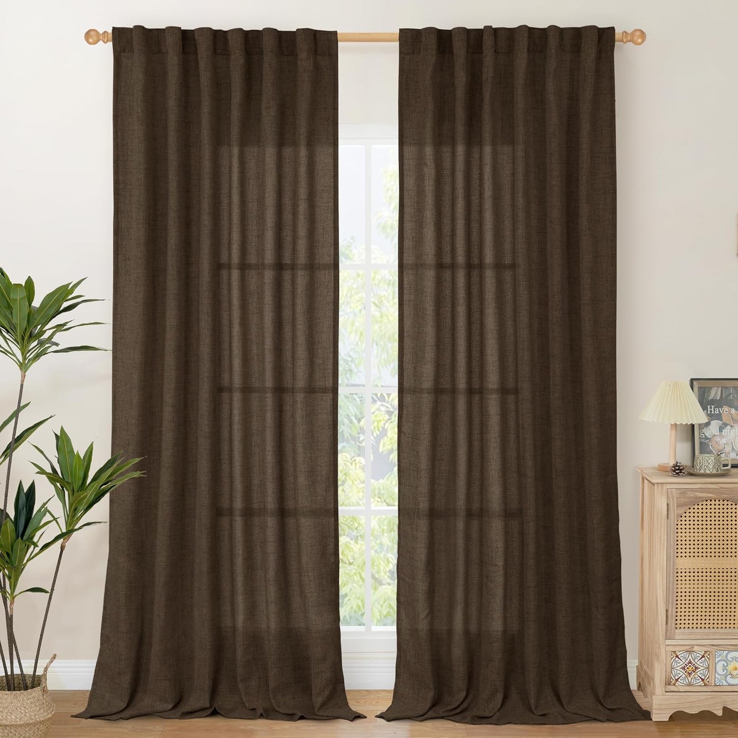 YoungsTex Linen Curtains 90 Inch Length for Living Room, Semi Sheer Window Drapes Rod Pocket Back Tab Light Filtering Privacy for Dining Room Office Bedroom, Brown, 2 Panels, 52 X 90 Inch