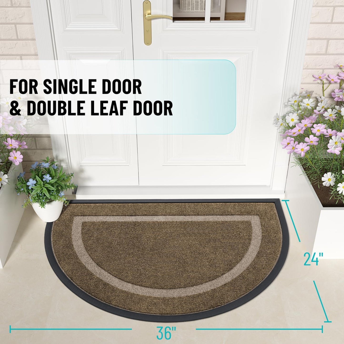 OLANLY Half Circle Door Mat Indoor Outdoor Entrance Welcome, Waterproof All-Season, All-Weather Doormat, Sturdy Natural Rubber, Low Profile, Easy Clean Patio Porch Entryway Mat, 36x24, Brown