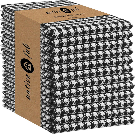Native Fab Black Gingham Dish Towels 16"x26" Set of 12 - Cotton Mini Check Plaid Towels, Soft Absorbent Dishcloths with Hanging Loop, Kitchen Towel for Quick Drying - Black White