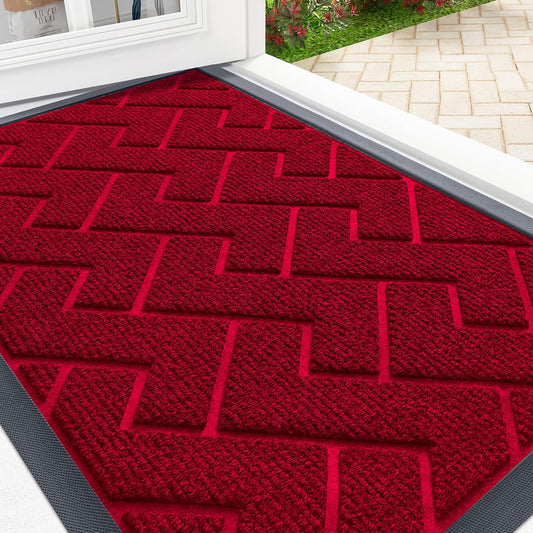 OLANLY Front Door Mat Indoor Outdoor Entrance, Waterproof All-Season, All-Weather Doormat, Sturdy Natural Rubber, Low Profile, Easy Clean Patio Porch Entryway Mat, Herringbone Brick (Wine Red, 36x24)