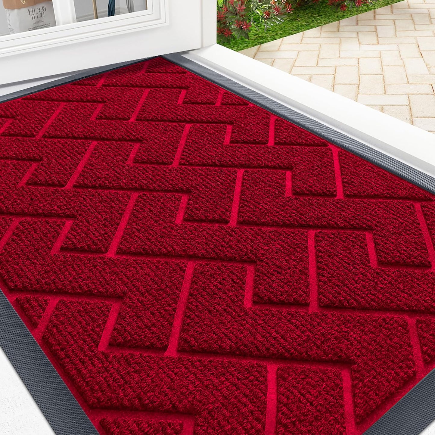 OLANLY Front Door Mat Indoor Outdoor Entrance, Waterproof All-Season, All-Weather Doormat, Sturdy Natural Rubber, Low Profile, Easy Clean Patio Porch Entryway Mat, Herringbone Brick (Wine Red, 71x47)