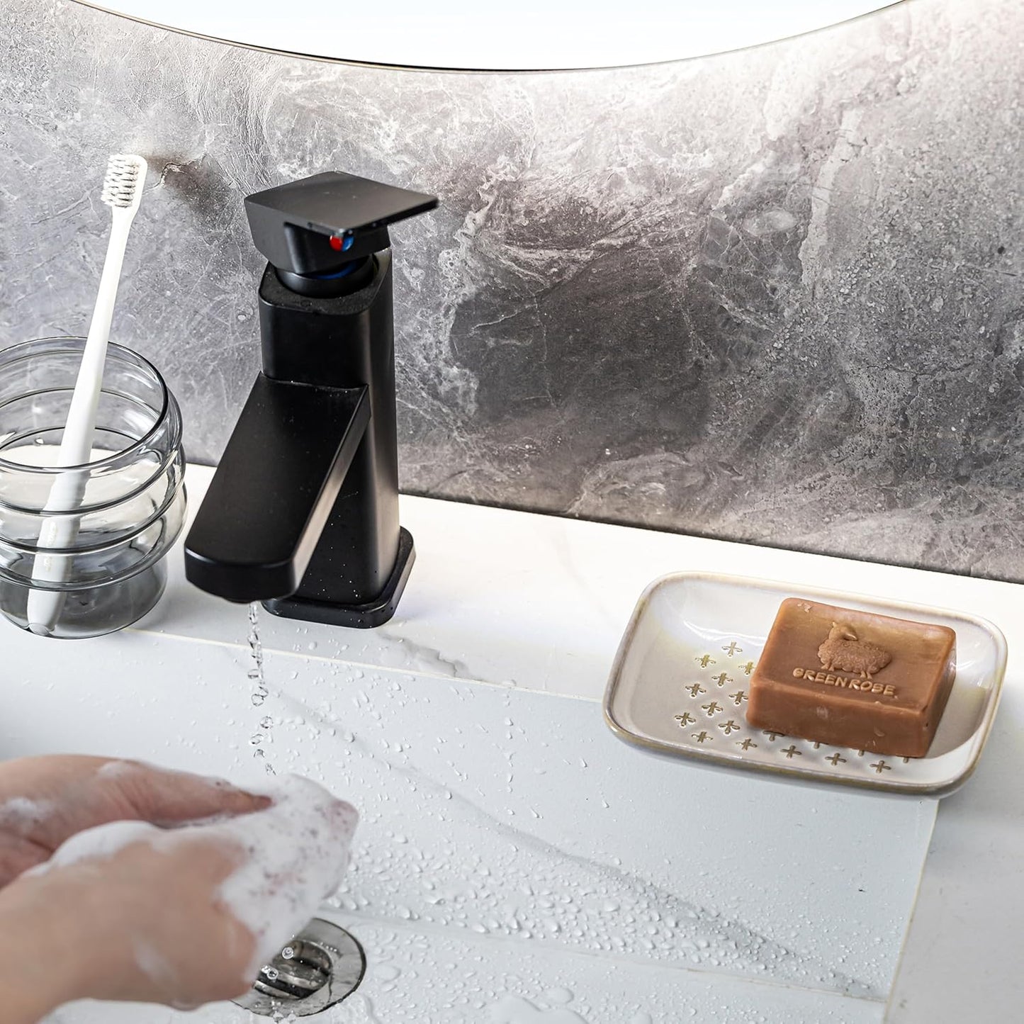 Gomakren Soap Dish, Shower Soap Holder, Ceramic Soap Dishes for Bar Soap Sponge Shampoo, Soap Saver Tray for Bathroom Kitchen Sink Counter, 5.5 Inch, Beige