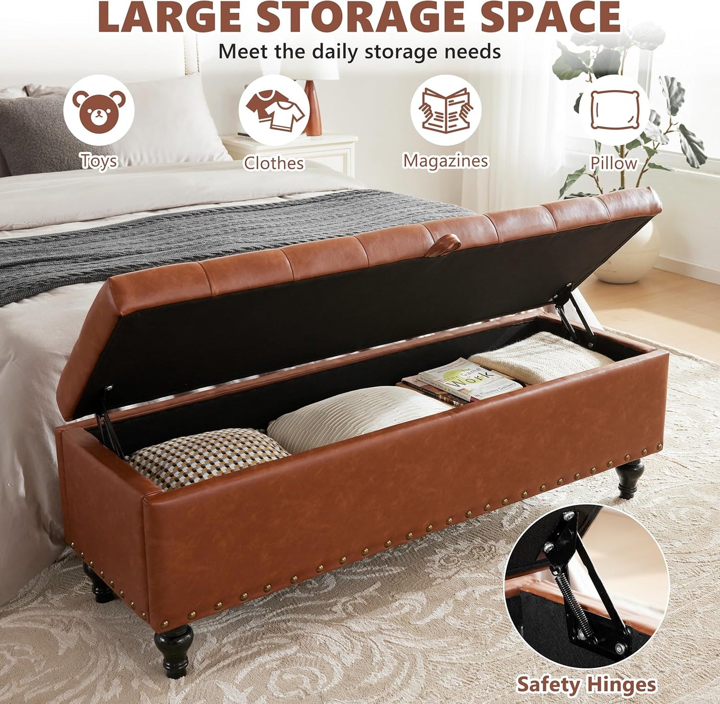 50" Storage Ottoman Bench, Tufted Ottoman with Storage for Living Room, Large End of Bed Ottomans, Modern Entryway Benchs, Window & Bedroom Benches for Foot of Bed (Brown)