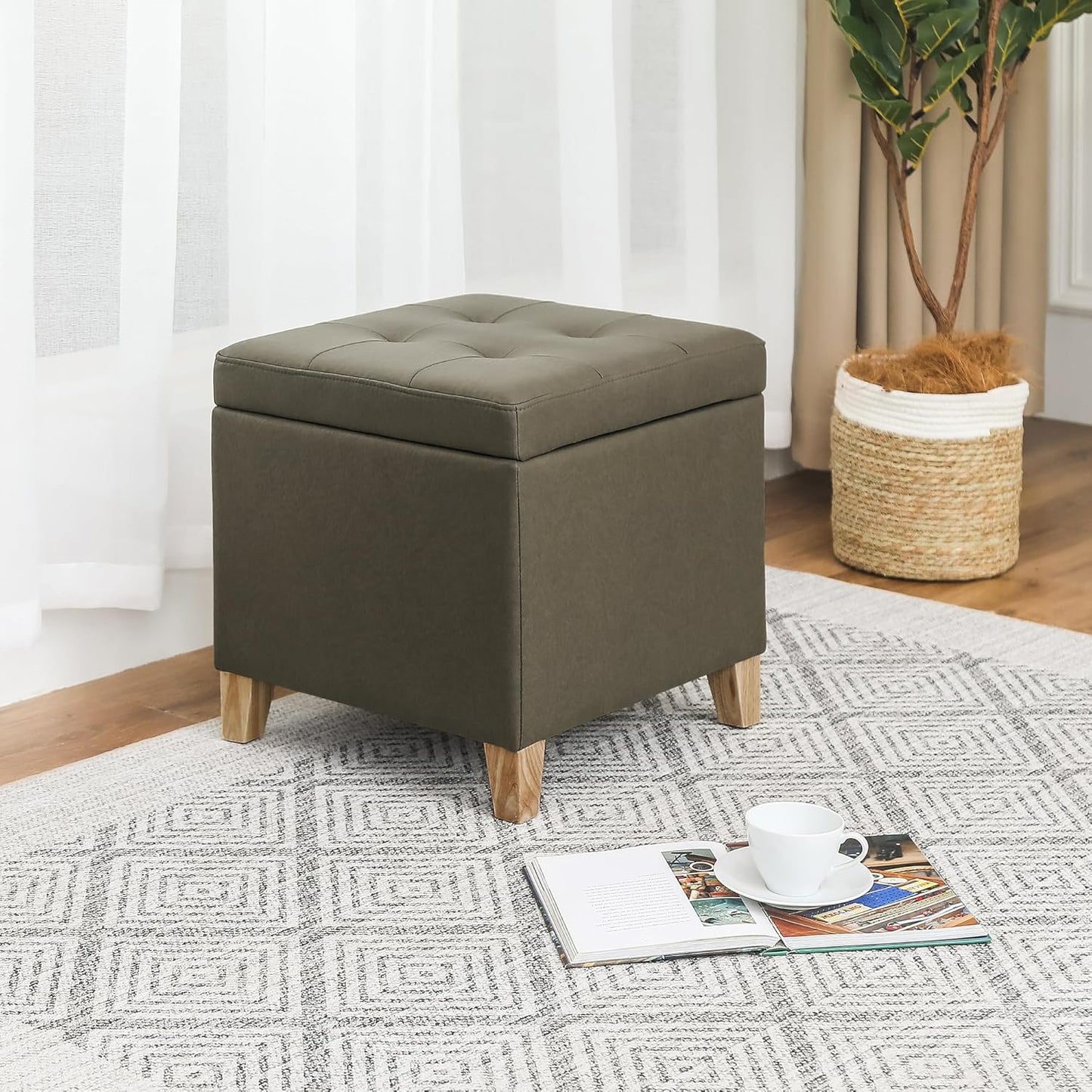 Adeco Fabric Storage Ottoman Bench with Solid Wood Legs, 17.7" Square Olive Green Leathaire Cube Foot Stool, Upholstered Button Tufted Vanity Chair with Hinged Lid for Living Room, Bedroom, Dorm