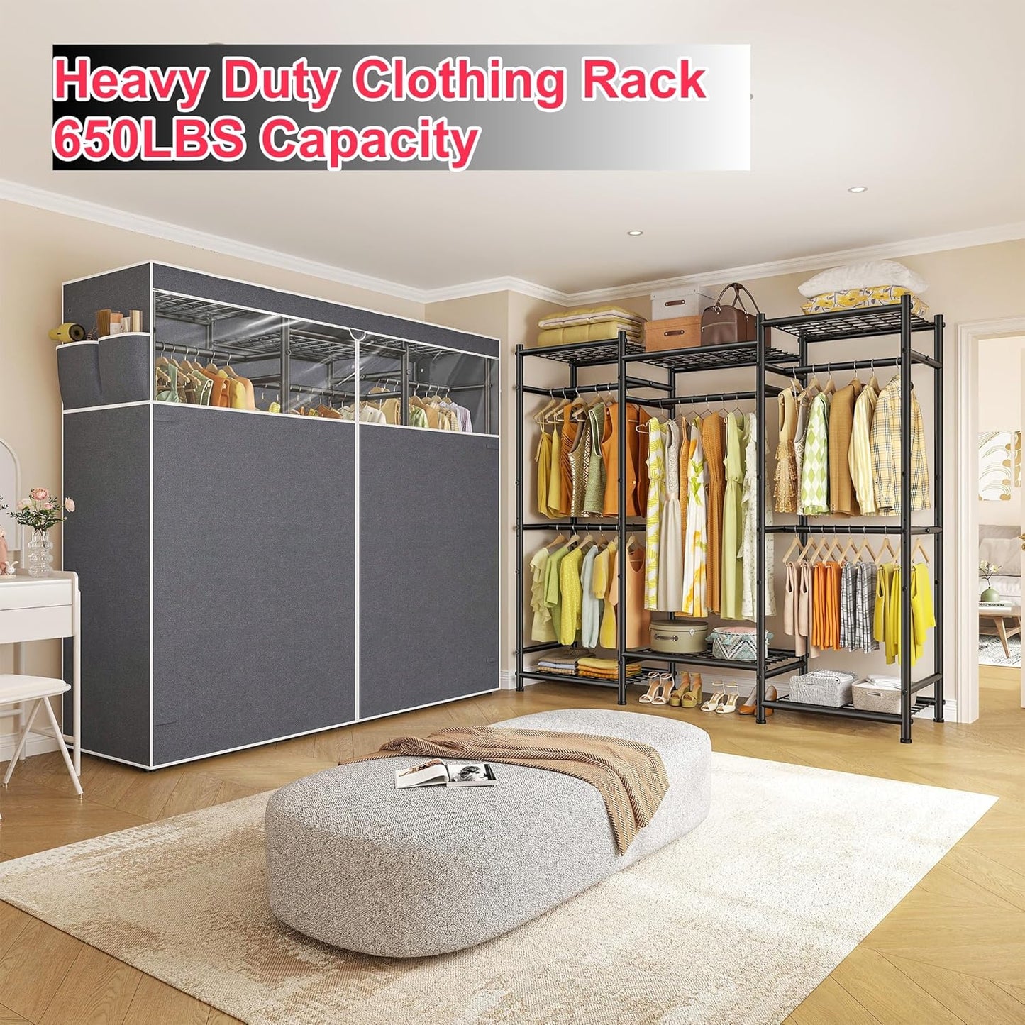 Raybee Clothes Rack with Cover Heavy Duty Clothing Racks for Hanging Clothes Adjustable Metal Clothes Rack for Bedroom 66.5" Wx15.75 Dx74.8 H Black