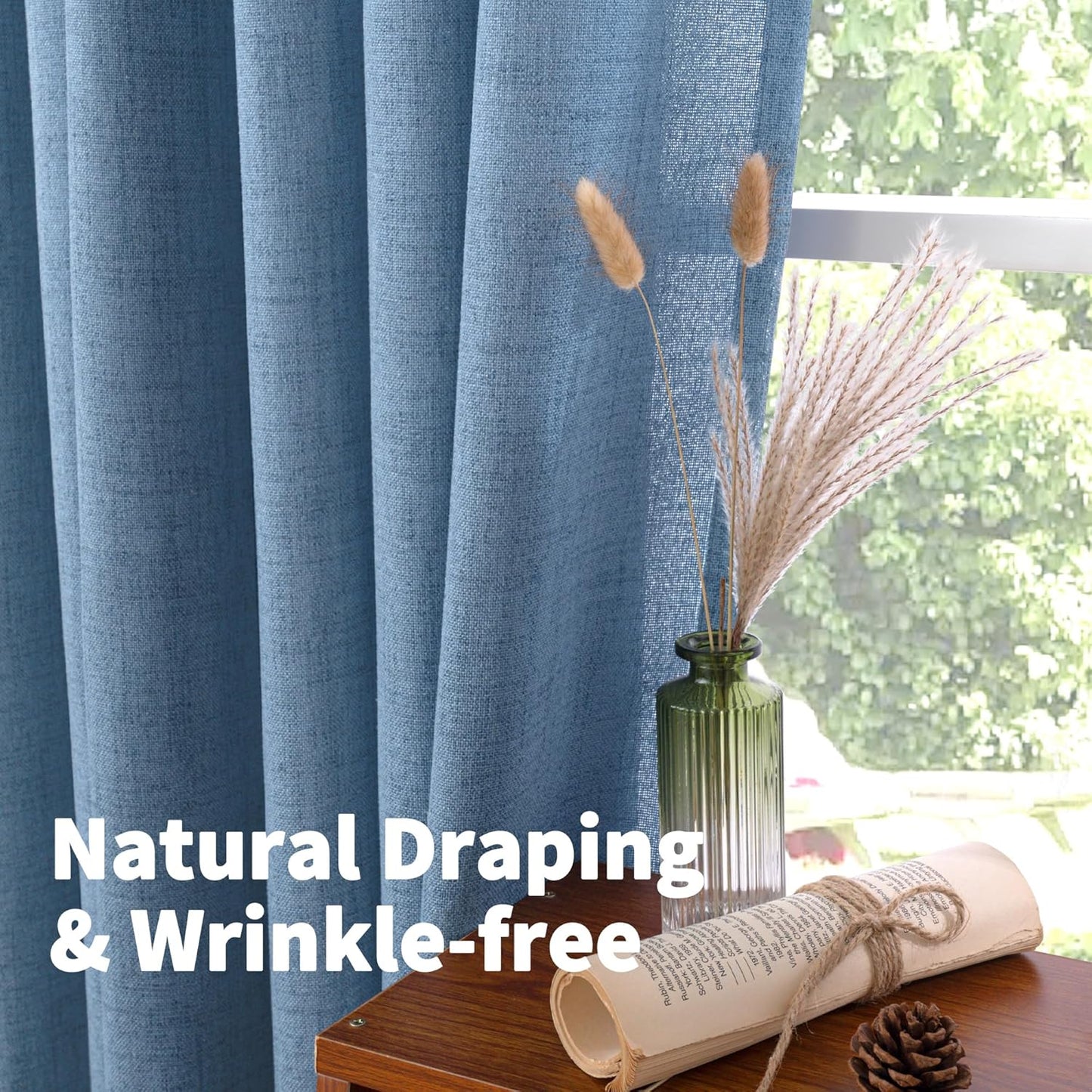 YoungsTex Denim Blue Linen Curtains 40 Inch Length for Bathroom Window, Small Drapes with Rod Pocket Back Tab Light Filtering Coastal for Cafe Kitchen Window Over Sink, 2 Panels, 30 X 40 Inch