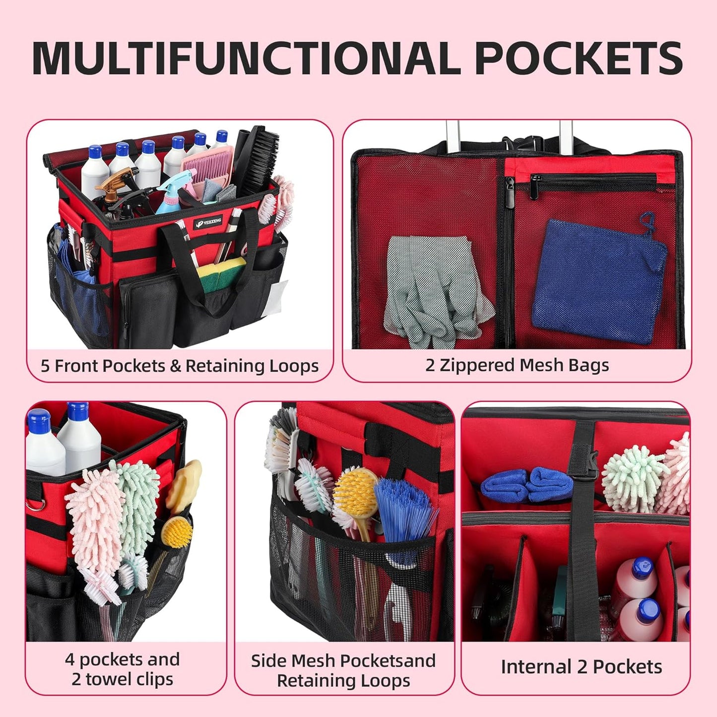 Rolling Cleaning Caddy Bag with Wheels, Large Cleaning Cart Detachable Trolley, Cleaning Bags for Housekeepers With Shoulder Strap & Multi Pockets for Cleaning Tools Storage (Red)