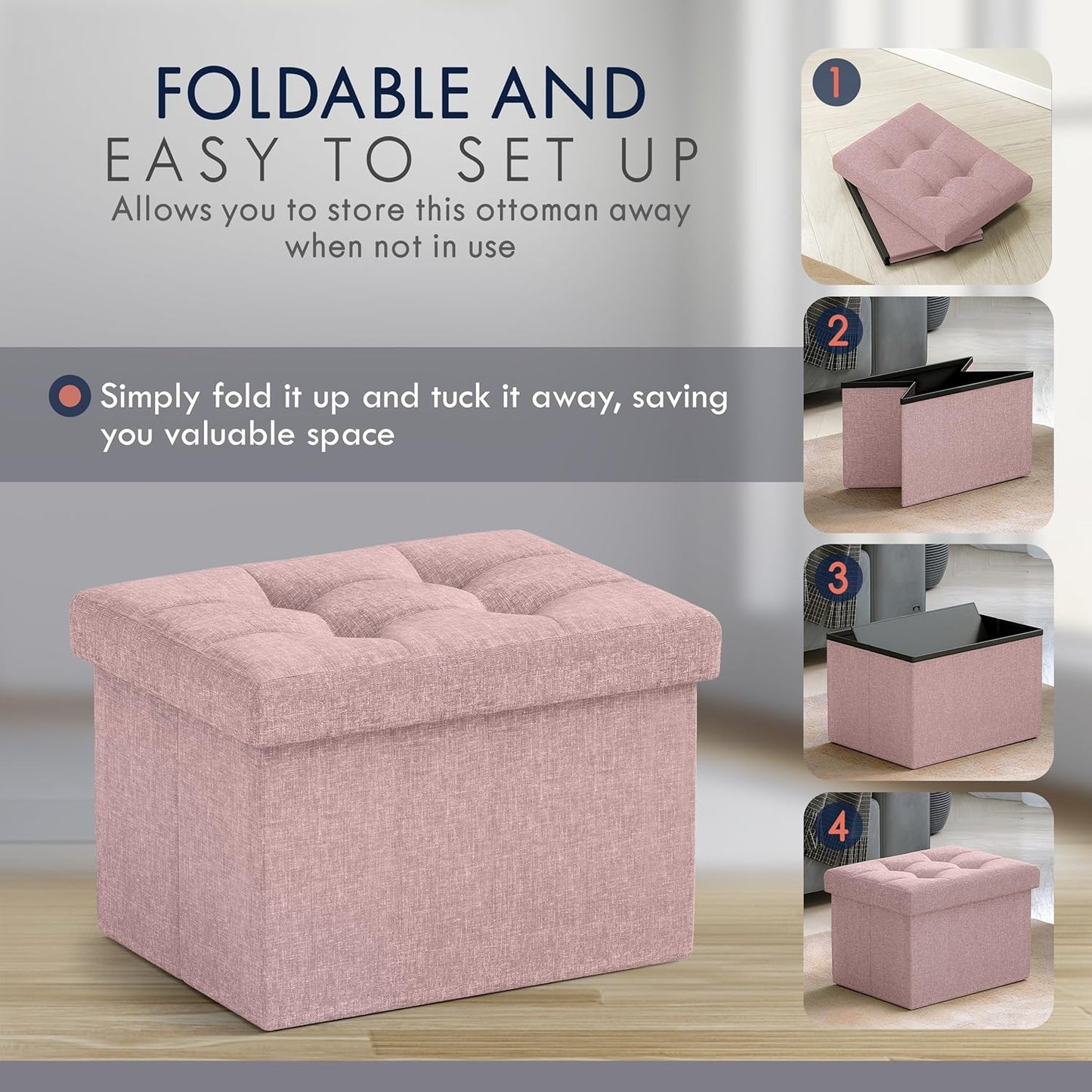 Ornavo Home Small Storage Ottoman Foldable Collapsible Rectangle Linen Ottoman Foot Rest Stool Seat, for Living Room, Bedroom, Home Office, Dorm - 12 x 16 x 12, Pink