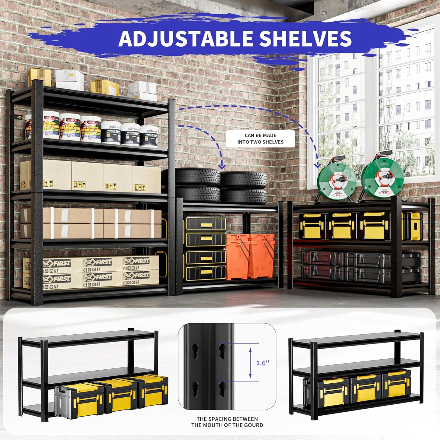 72" Heavy Duty Garage Shelving, 2 Pieces 5 Tier Adjustable Metal Shelves for Garage & Basement