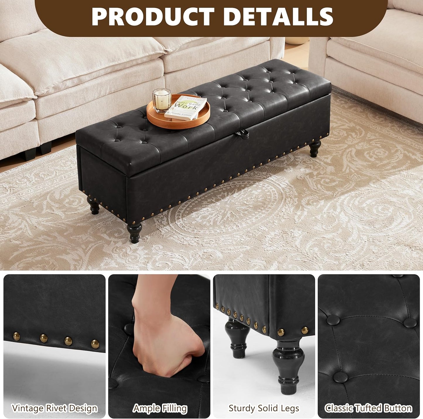 51.8’’ Storage Ottoman Bench, Faux Leather Ottoman with Storages, Window Benches Holds up to 330lbs, Upholstered Storage Bench for Bedroom, Living Room, Entryway and Family Room, Black