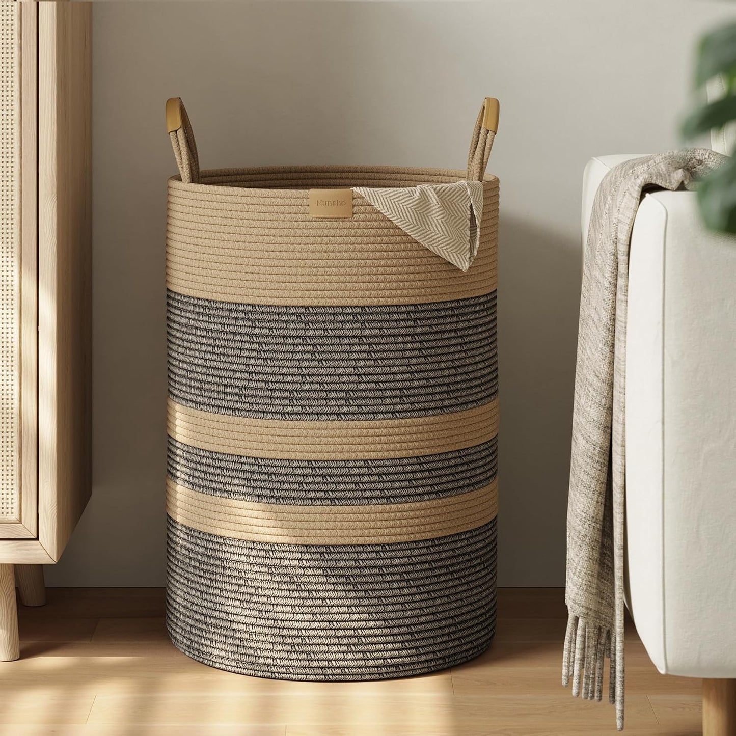 95L Striped Laundry Hamper with Leather Handles,Large Foldable Laundry Basket for Clothes,Cotton Rope Storage Bin for Blankets,Woven Clothes Basket for Bedroom,Dark Brown Stripes