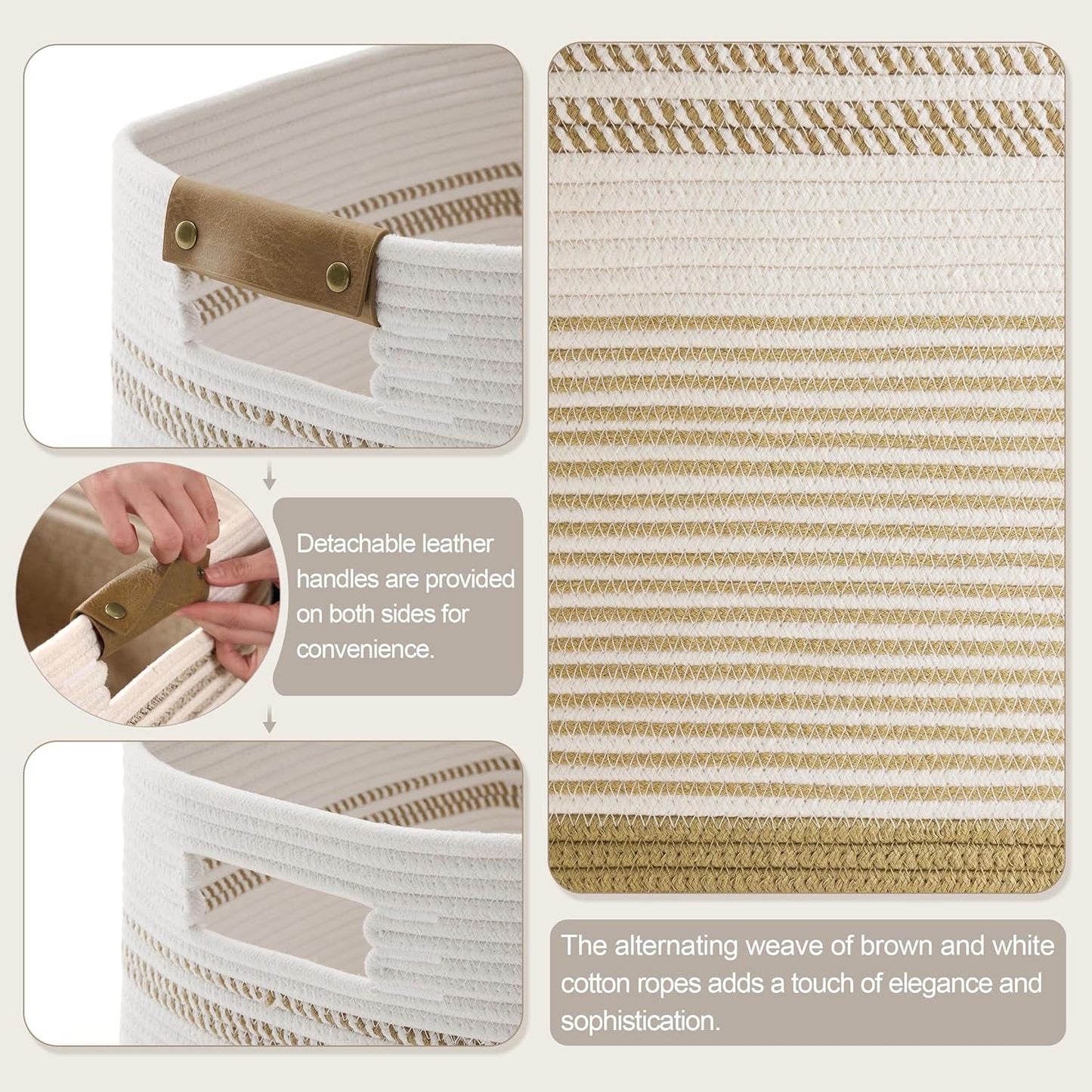 85L Tall Laundry Hamper with Handles for Living Room Storage, Extra Large Woven Rope Baskets Bin for Blanket, Kids Toy, Gifts, Wicker Hamper for Bedroom Dirty Clothes, 17"x14"x22" Khaki