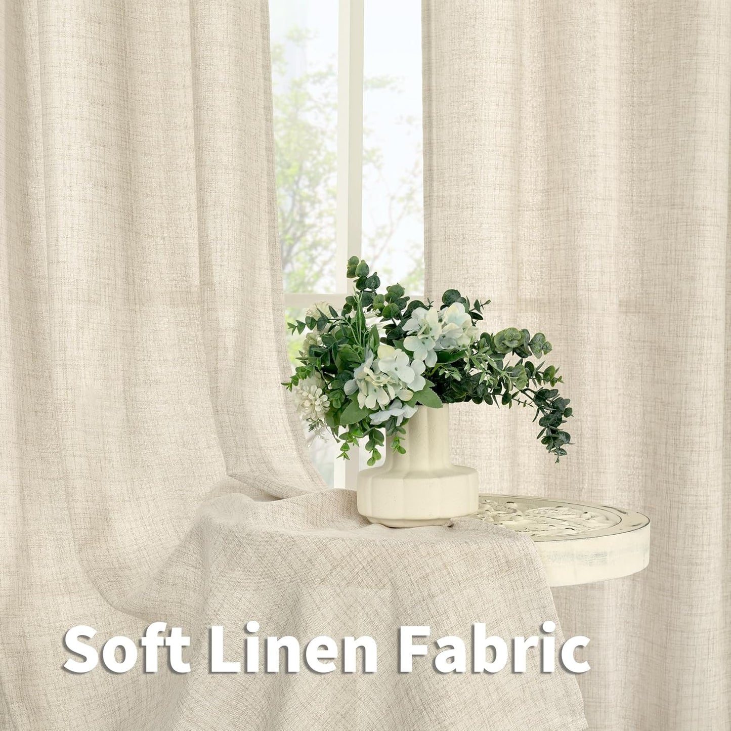 YoungsTex Linen Curtains 45 Inch Length for Kitchen Window, Cream Short Semi Sheer Drapes with Rod Pocket Back Tab Light Filtering Textured for Living Room Bedroom Bathroom, 2 Panels, 42 X 45 Inch