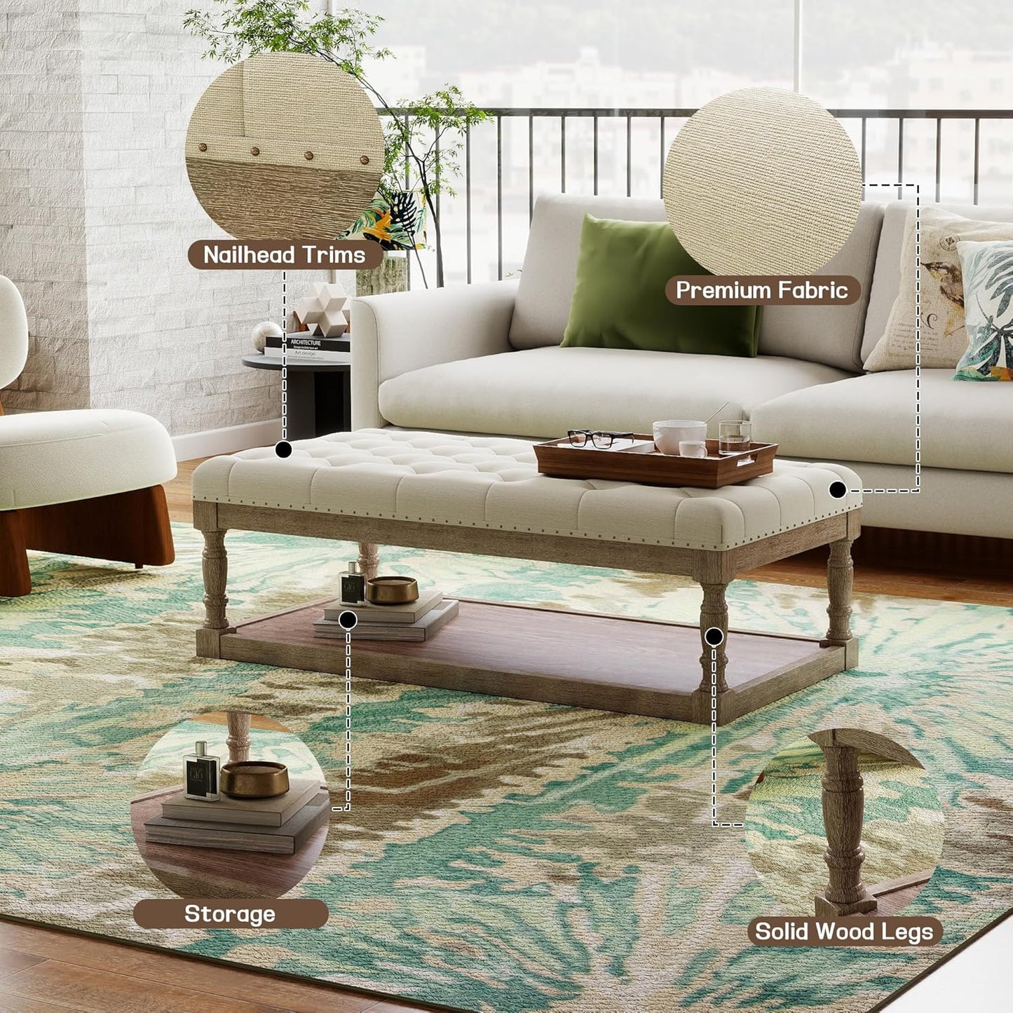 48" Large Ottoman with Storage Coffee Table, Upholstered Tufted Linen Ottoman Bench with Solid Wood Shelf for Living Room, Bedroom, Holds 250lbs (Ivory)